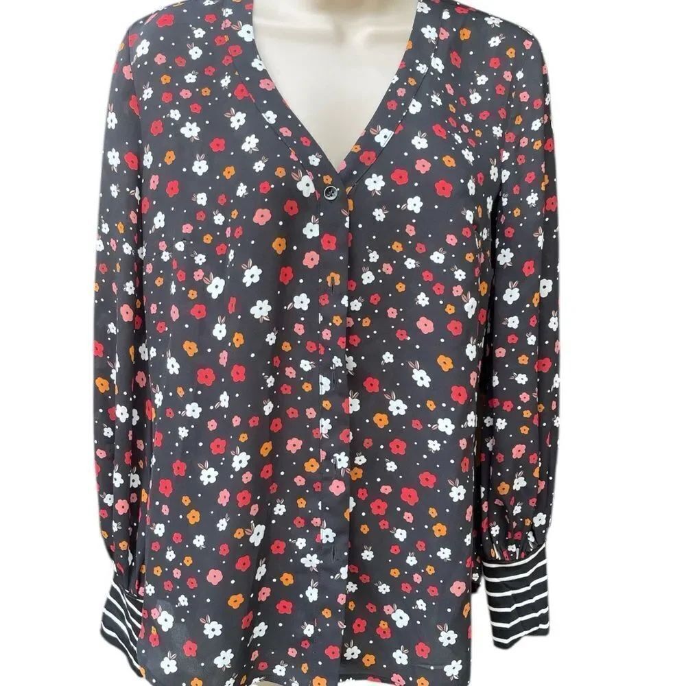 CAbi Floral Blouse - Black Red White Accents black bottom down long sleeve
